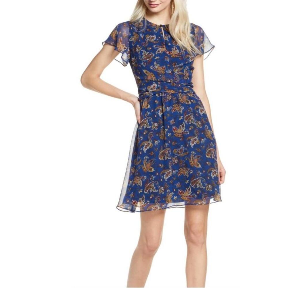 Sam Edelman Dress Womens Size 14 Blue Aline Short Sleeves Floral Chiffon‎ Spring